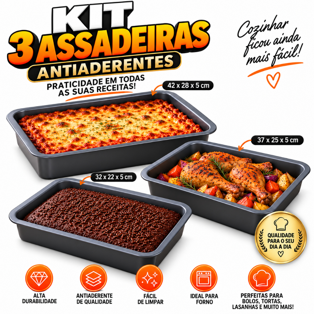 Kit Forma Assadeira 32 37 42 - Conjunto de Formas para Bolos e Assados