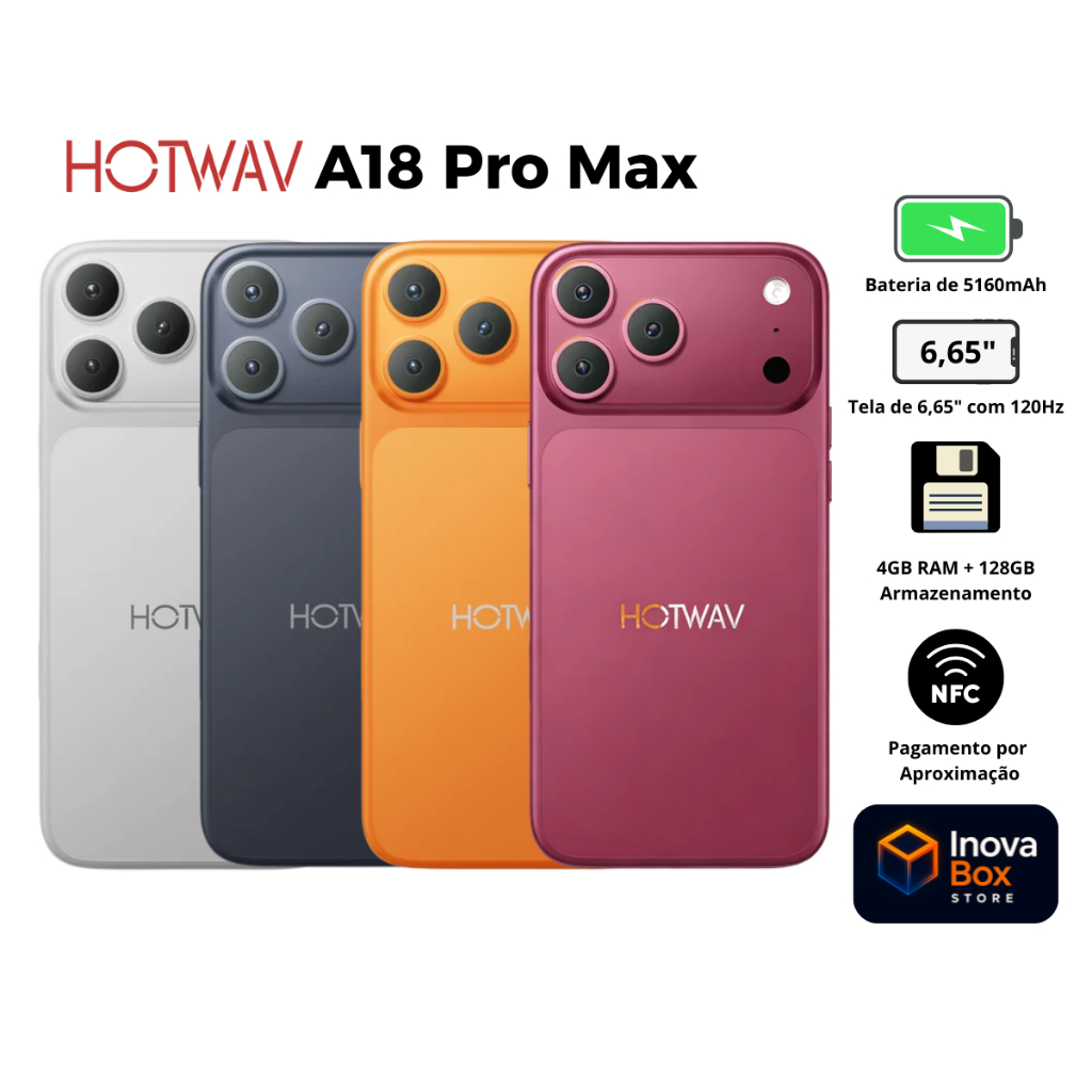 Celular Smartphone HOTWAV A18 Pro.Max 4GB 128GB Android 16 4G Tela 6,65” 120hz 20MP 5160mAh