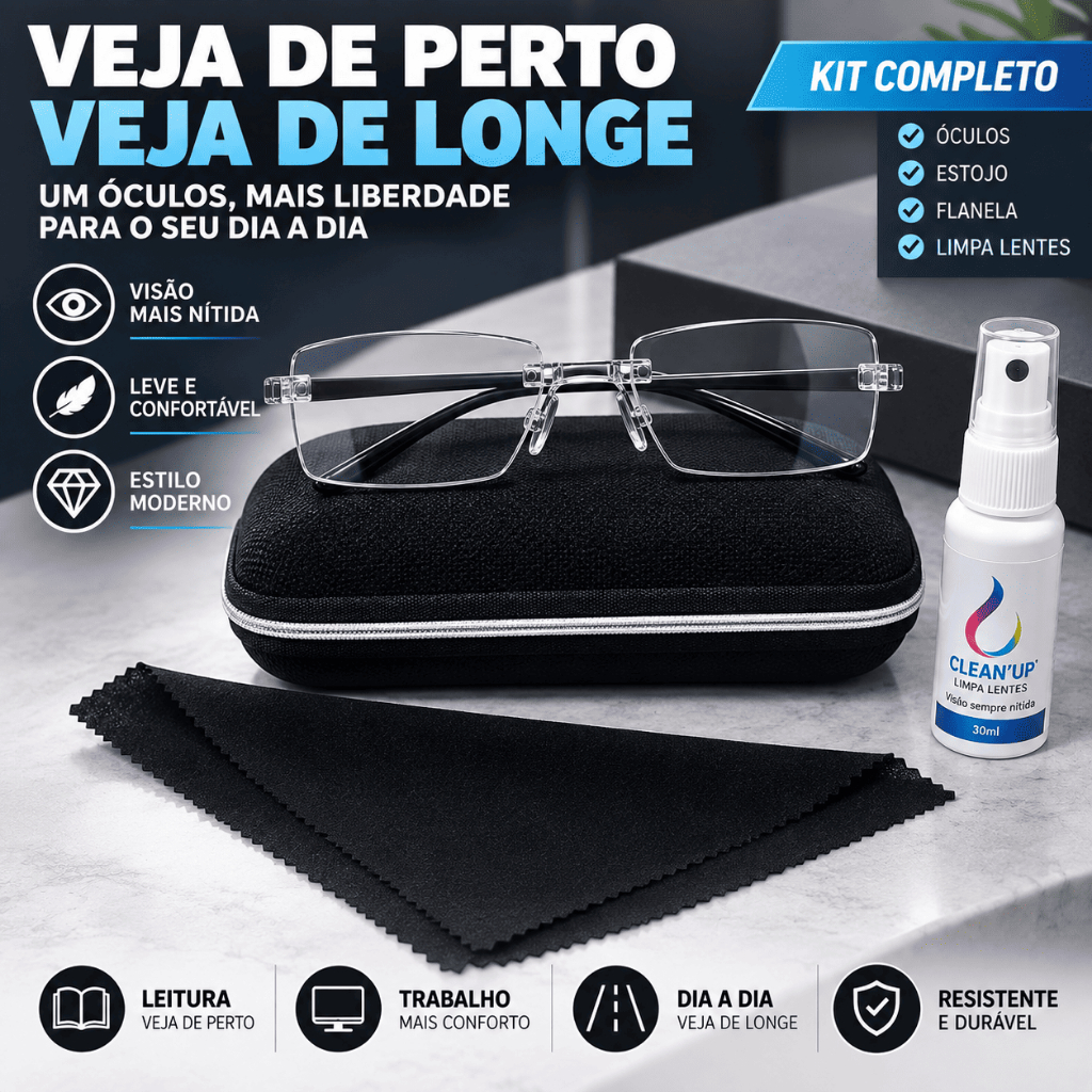 Óculos para Perto e Longe + Estojo e Limpa Lentes | Kit Completo