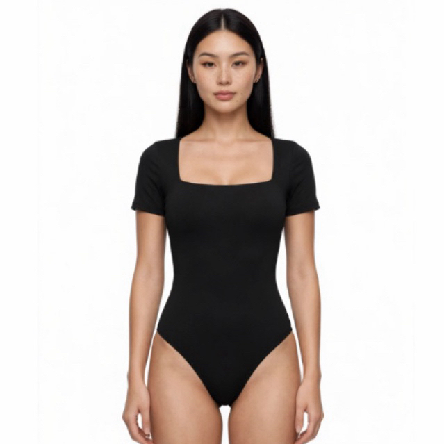 Body Feminino Manga Curta Decote Quadrado Suplex Liso Forro Duplo Básico Casual Moda Verão