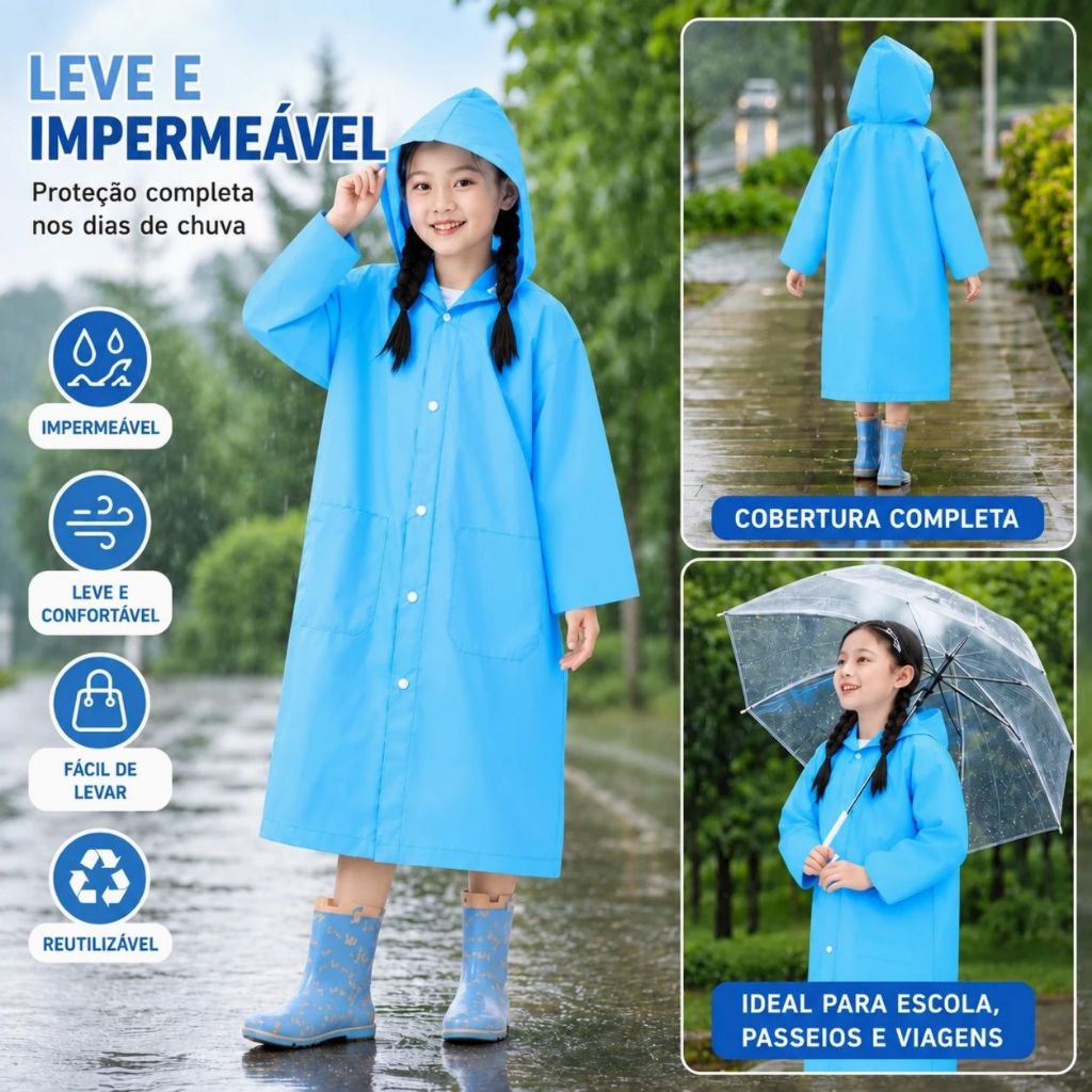 Capa de Chuva Infantil PEVA EVA PVC Impermeável com Capuz Reutilizável para Crianças