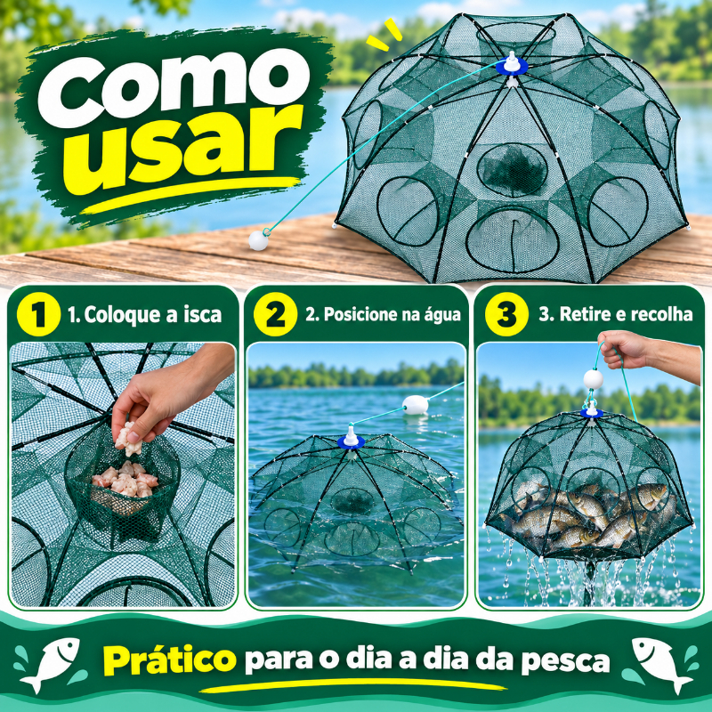 Adequada para diversos tipos de caranguejos e peixes, esta gaiola para peixes é feita de material de nylon retrátil.
