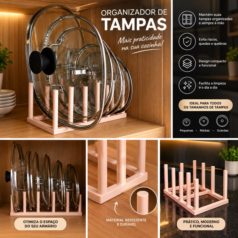 Organizador de Tampas de Panela Suporte Porta Tampas Cozinha Armário Bancada Prático