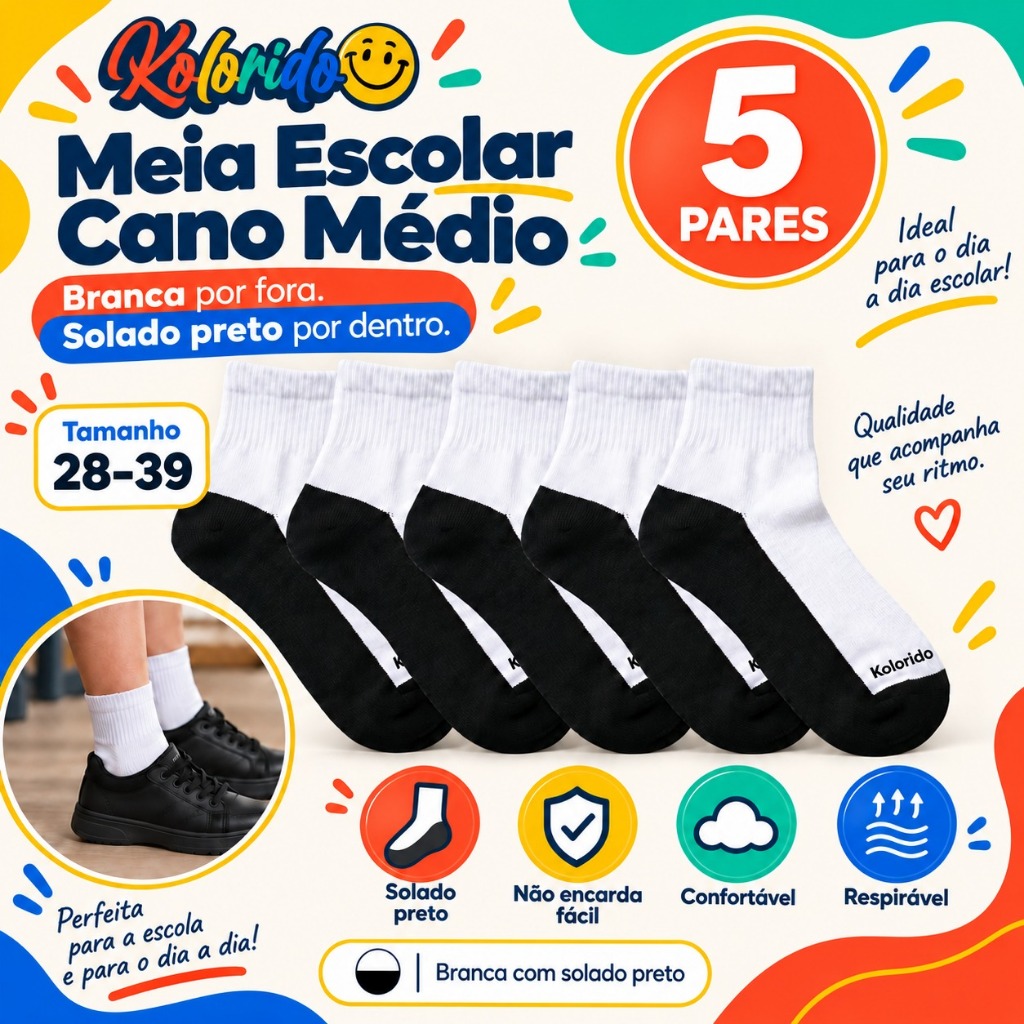 Kit 5 Pares Meia Escolar Cano Médio Infantil Algodão Reforçada Branca e Preta