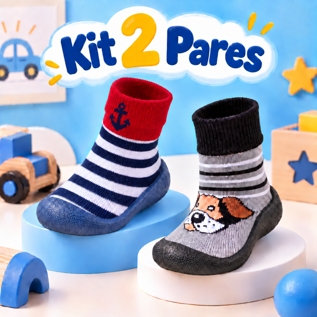 Kit 2 Pares Meia Antiderrapante Infantil Menino Bebê Engatinhar Primeiros Passos Calce Fácil Frio