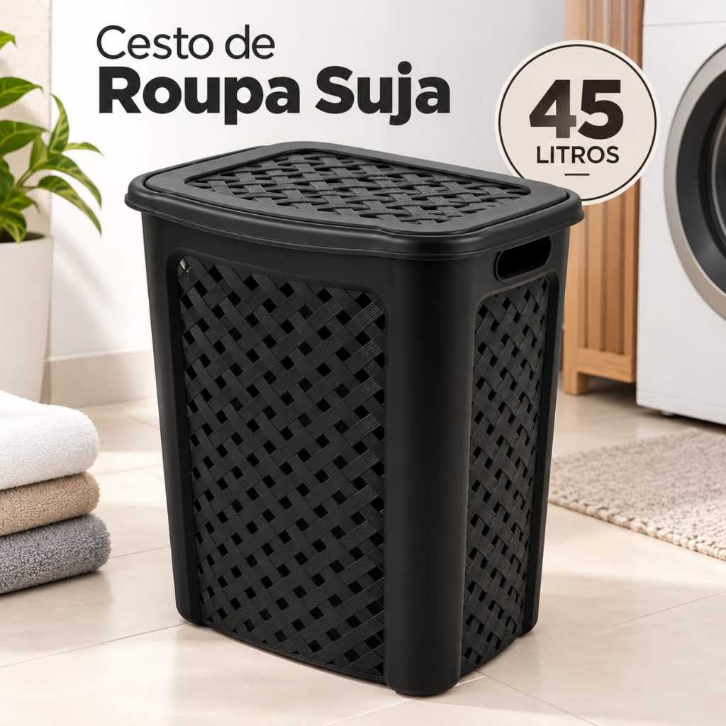 Cesto Roupa Suja Rattan 45L Com Tampa E Alça Furos Para Ventilação  Ideal Para Lavanderia Ou Banheiro