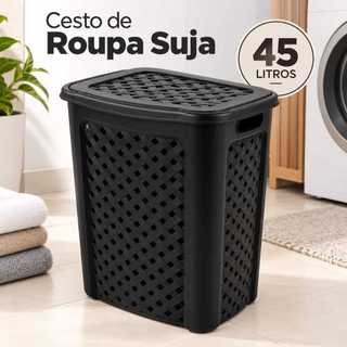 Cesto Roupa Suja Rattan 45L Com Tampa E Alça Furos Para Ventilação  Ideal Para Lavanderia Ou Banheiro