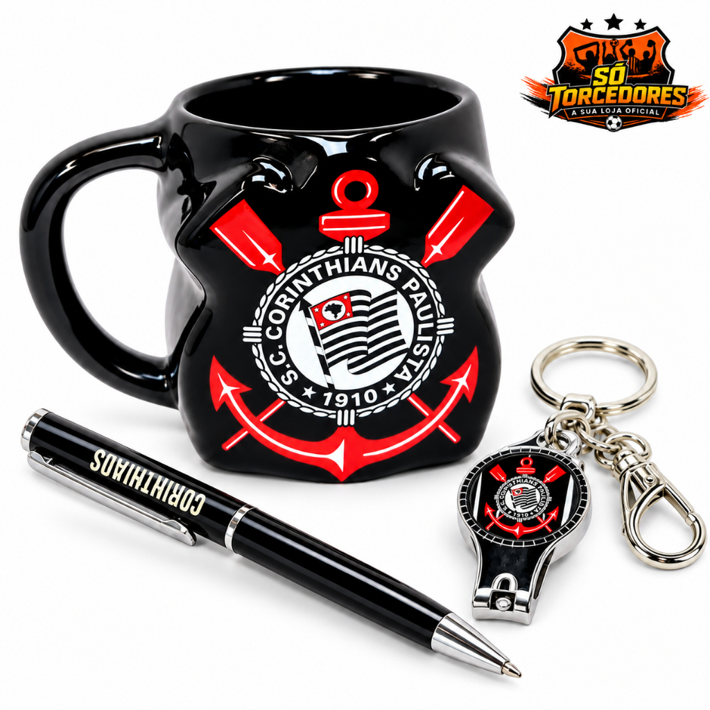 Kit Presente Oficial Corinthians Caneca Porcelana 3D 270ml + Caneta + Chaveiro Cortador de Unha