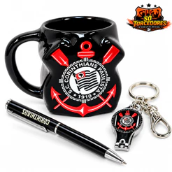 Kit Presente Oficial Corinthians Caneca Porcelana 3D 270ml + Caneta + Chaveiro Cortador de Unha