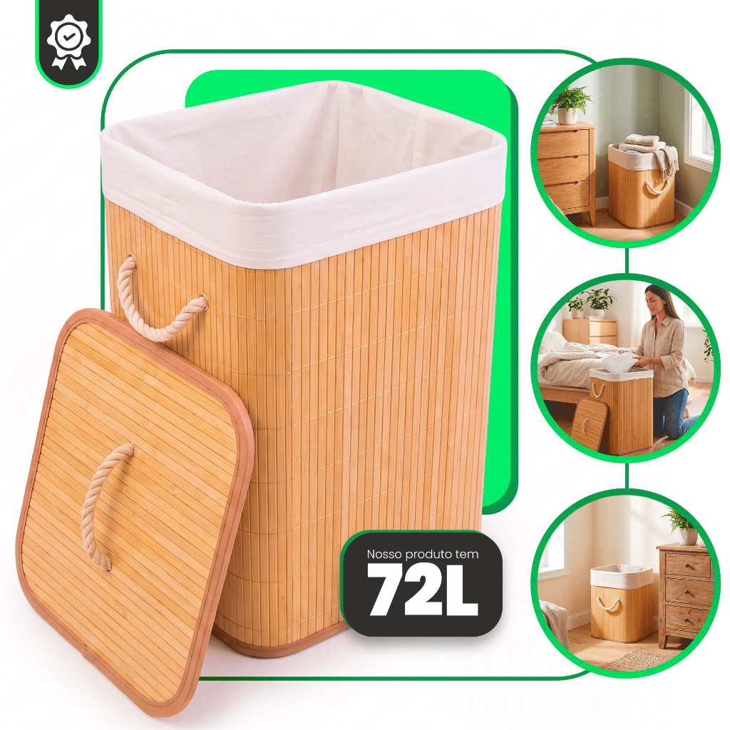 Cesto De Roupa Suja Bambu 72 Litros Dobravel Organizador Forrado Banheiro 60cm Grande Cesto Retangular Lavanderia
