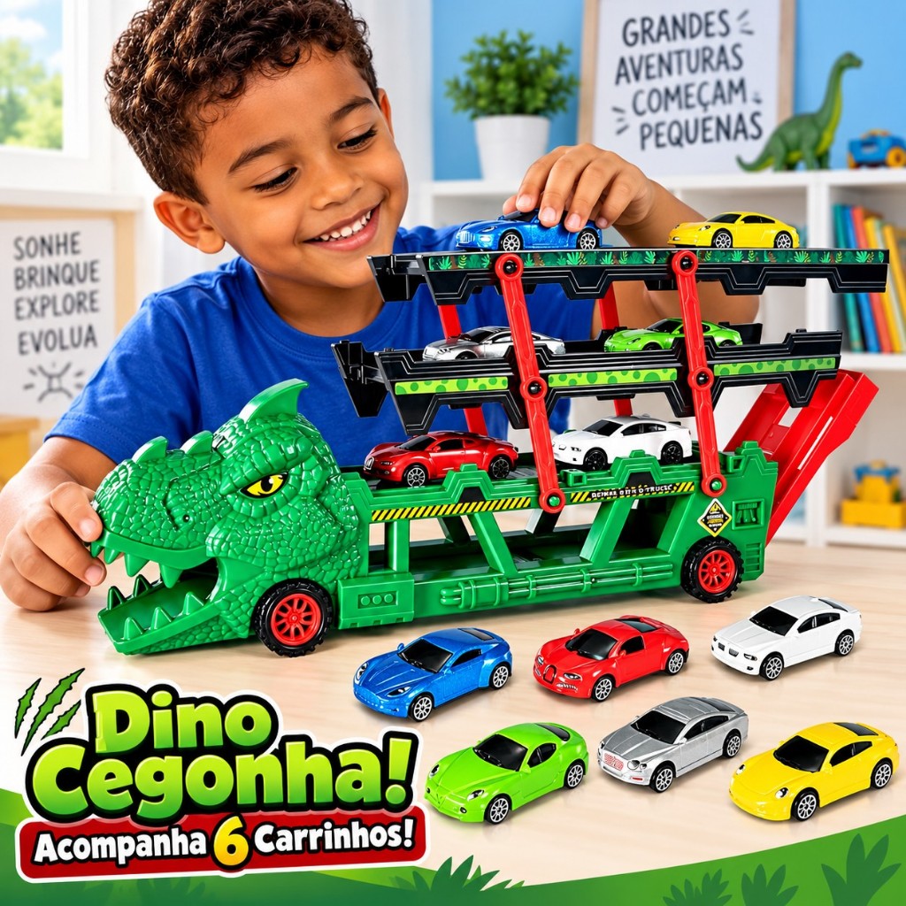 Caminhão Cegonha de Brinquedo Dino Truck com Pista Lançador Carrinhos Menino
