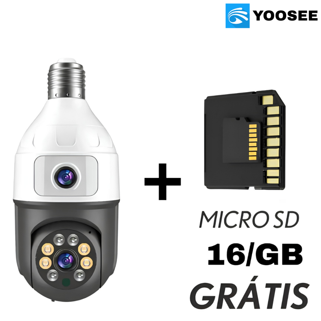 Câmera Segurança Lâmpada 360° WiFi Dupla Lentes Yoosee Visão Noturna com Cartão MicroSD 16GB Grátis
