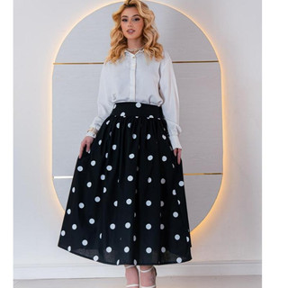 Saia midi feminina tricoline Bolinha Poá cintura alta saia rodada elegante com FORRO