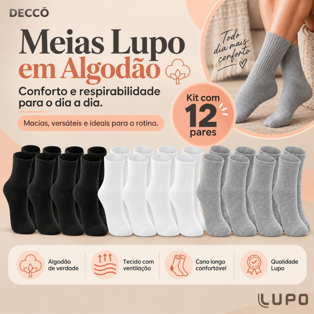 Kit De 12 Pares Meias Lupo Infantil Cano Médio Em Algodão Tamanho 24 ao 35