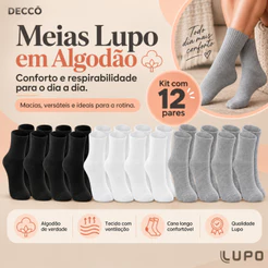 Kit De 12 Pares Meias Lupo Infantil Cano Médio Em Algodão Tamanho 24 ao 35