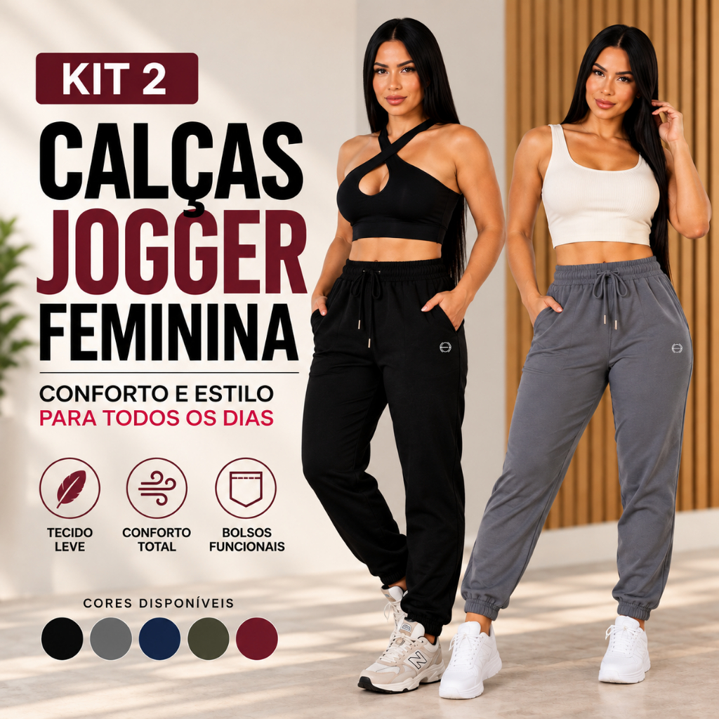 Kit 2 Calças Jogger Feminina Confortável com Bolsos Academia Caminhada Passeio Dia a Dia Casual Leve Premium