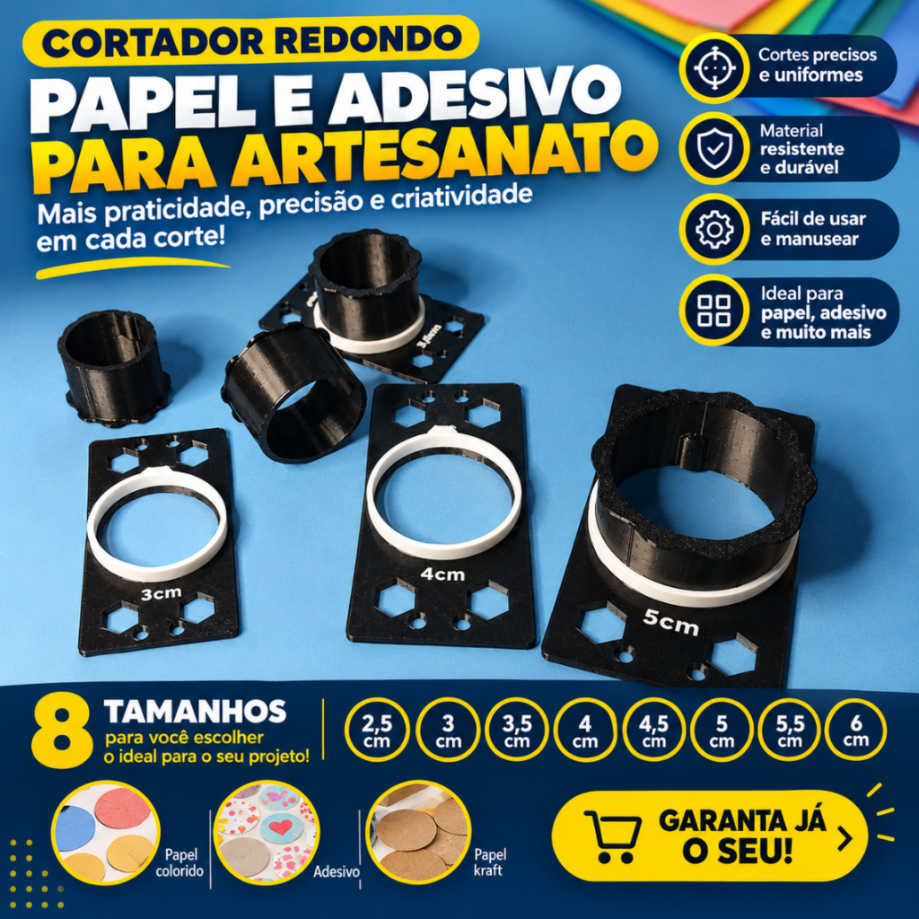 Cortador de Papel e Adesivo Redondo para Artesanato e Papelaria - Acompanha Lâminas de reposição