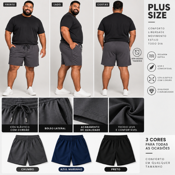 Shorts Masculino com Elastano Plus Size Academia Esporte Treino Bermuda Praia Básico Liso