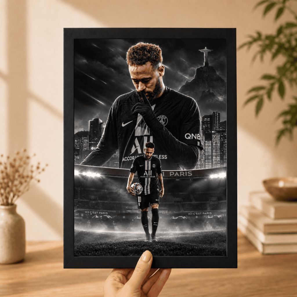 QUADRO NEYMAR JR BRASIL FUTEBOL JOGADOR ESPORTE DECORATIVO SANTOS CAMISA MOLDURA E VIDRO FQ432