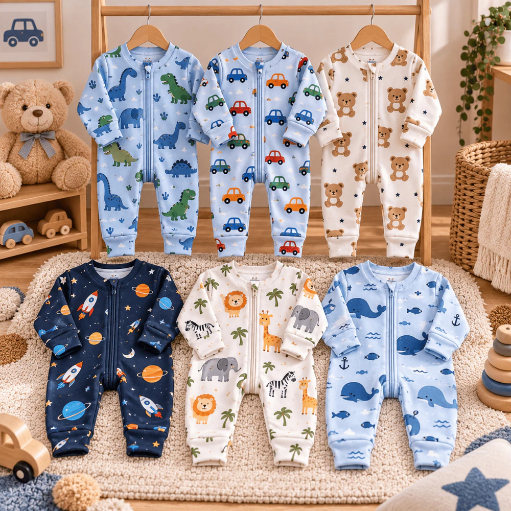 Kit 4 Macacão de Bebê Roupa Menino Estampado Ziper Animado Estampado Algodão Verão Maternidade