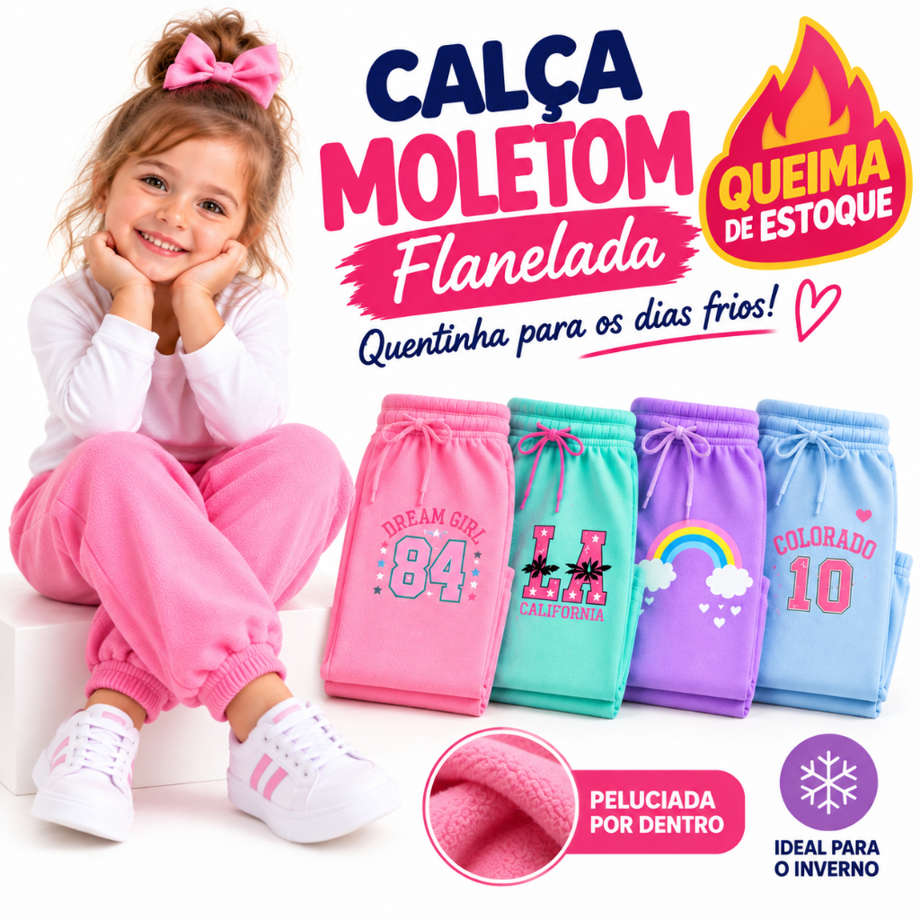 Calça Jogger Infantil Moletom Flanelada Peluciada Menina Inverno Tam 1 ao 4
