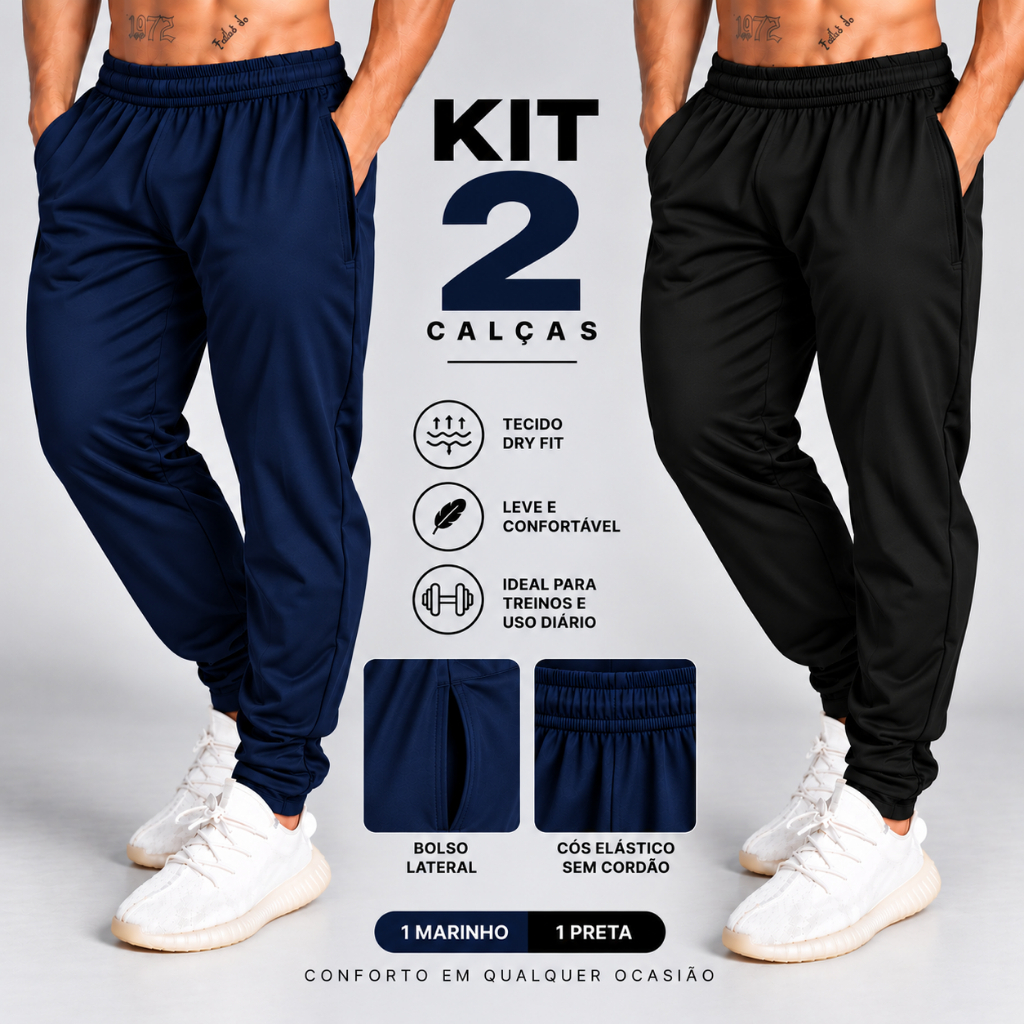 Kit 2 Calças Elastano Masculina Esportiva Treino Corrida Academia