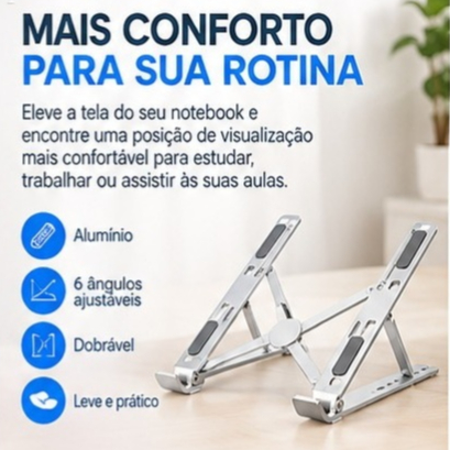Suporte para Notebook Alumínio Dobrável 6 Ângulos Ajustável Ergonômico