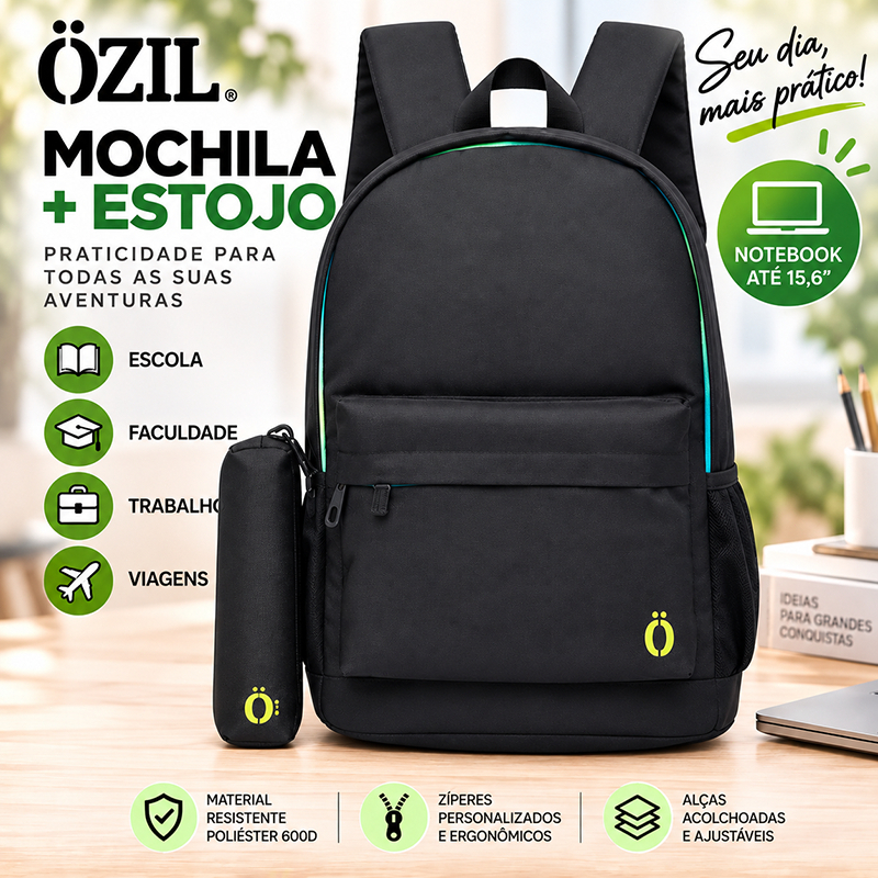Mochila Ozil Escolar Notebook 15,6” Faculdade Trabalho Reforçada 19L com Estojo