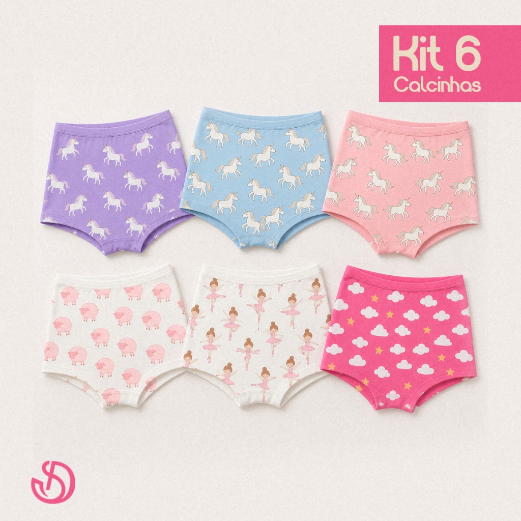 Kit 6 Calcinhas Boxer Infantil Feminina Menina Juvenil Shortinho Algodão Confortável Estampadas