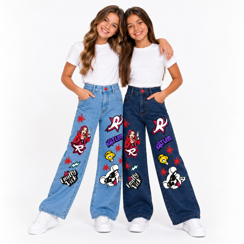 Calça Jeans Infantil Feminina Wide Leg Emilly Vick Blogueirinha Estampada Regulador Interno Jeans Premium