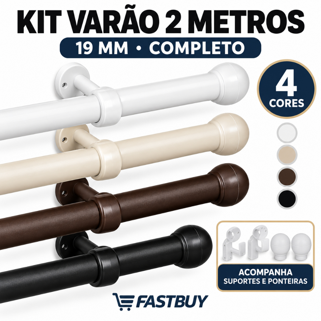 Kit Varão Completo 2,00 Metros de Cortina Resistente 19mm Várias Cores Envio Imedito