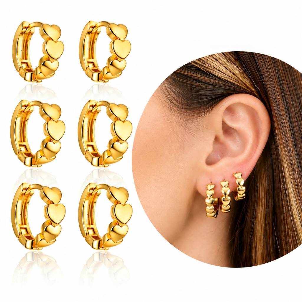Brinco Trio Argola Luxo Love Hearts com Mini Corações Delicados Banhado a Ouro 18K
