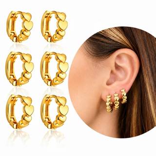 Brinco Trio Argola Luxo Love Hearts com Mini Corações Delicados Banhado a Ouro 18K