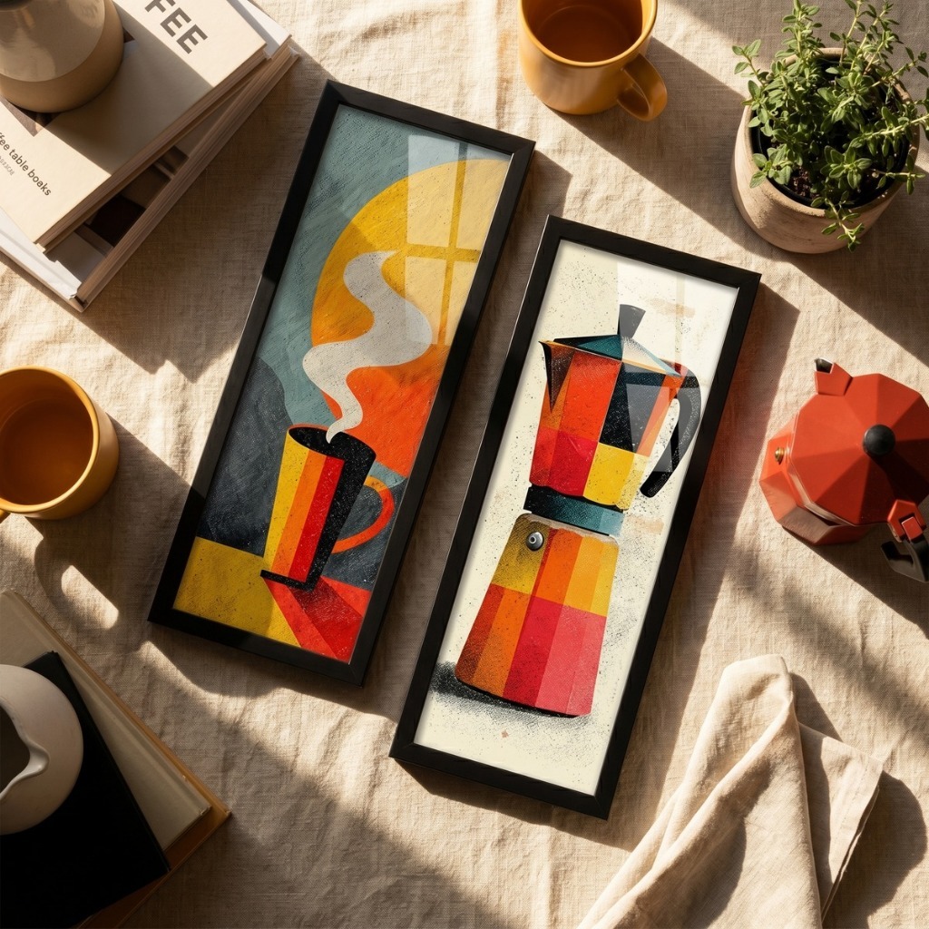 Kit 2 Quadros Decorativos Cozinha Café Cafeteira Moderno 18x45 cm Moldura Madeira e Vidro Cantinho do Café