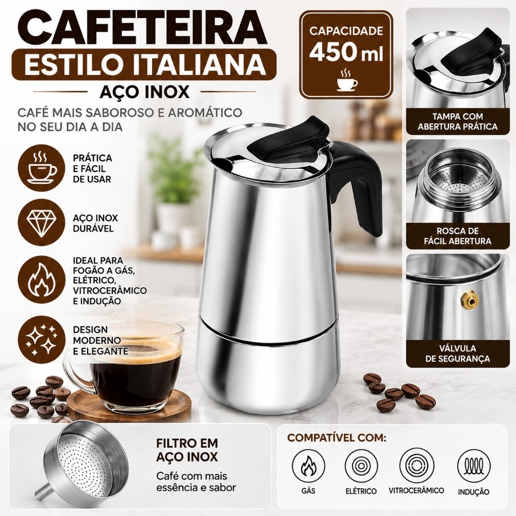 Cafeteira Expresso Tipo Italiana Luxo Tipo Moka Inox 9 Xicaras Compatível com Fogão de Indução Aprox 450