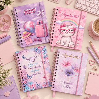Agenda 2026 e 2027 Espiral Diária Planner Colorida Estampada Feminina Calendário Flores 1…