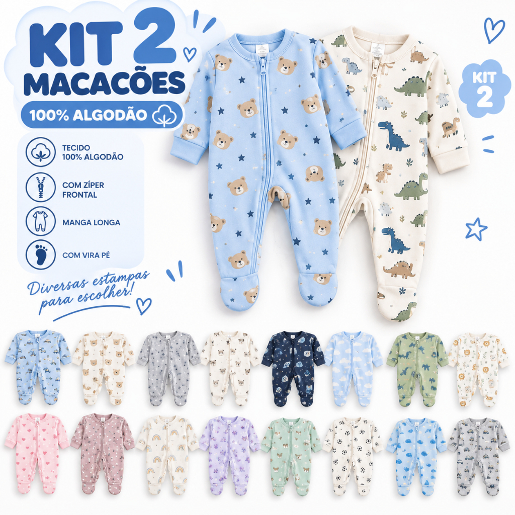 Macacão Estampado Kit 2 Menino Bebê Algodão Zíper Vira Pé Inverno Infantil Macio Macacões