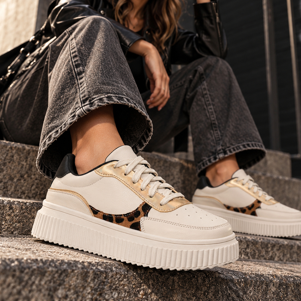 Tênis Básico Sola Alta Mulher Creper Off White Onça Feminino Casual Promoção Queima de Estoque