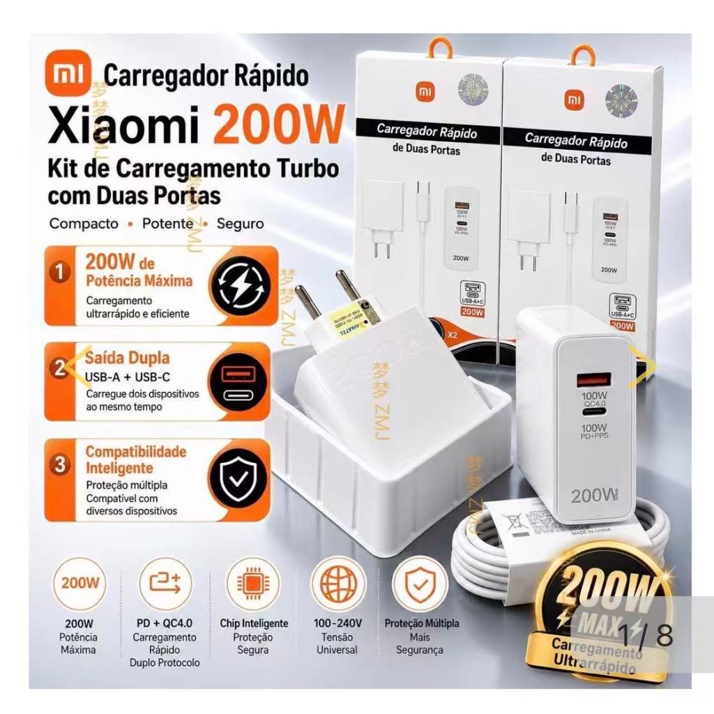 original Carregador Turbo 200W para XIAOMI USB-A + USB-C PD PPS Carga Rápida Duplo