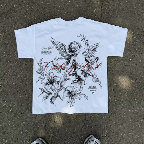 Camiseta Oversized Angel Estampa Anjo Floral Streetwear Unissex Manga Curta