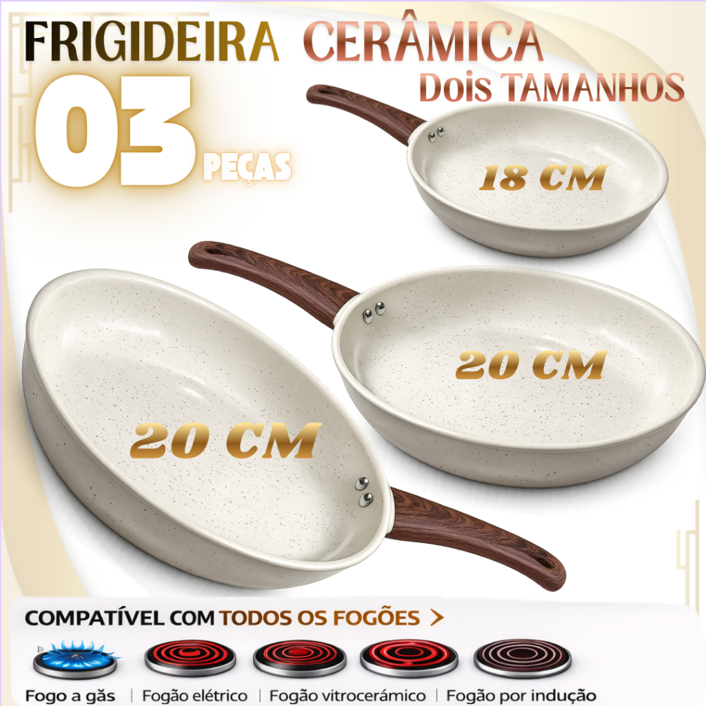 Kits 3/2/1 Frigideiras Indução Revestimento Cerâmico Creme Cabo Madeira Cozinha