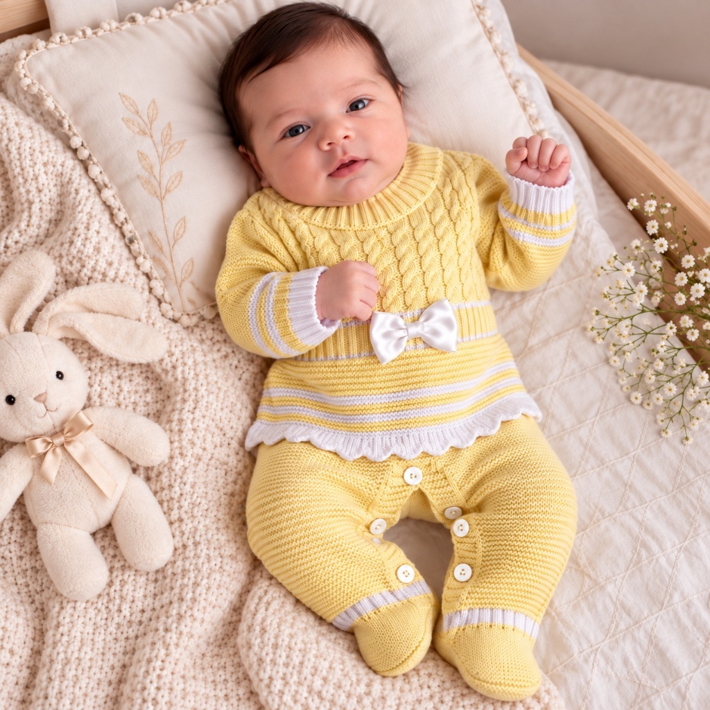 Macacão bebê menina em tricô Cecília Amarela