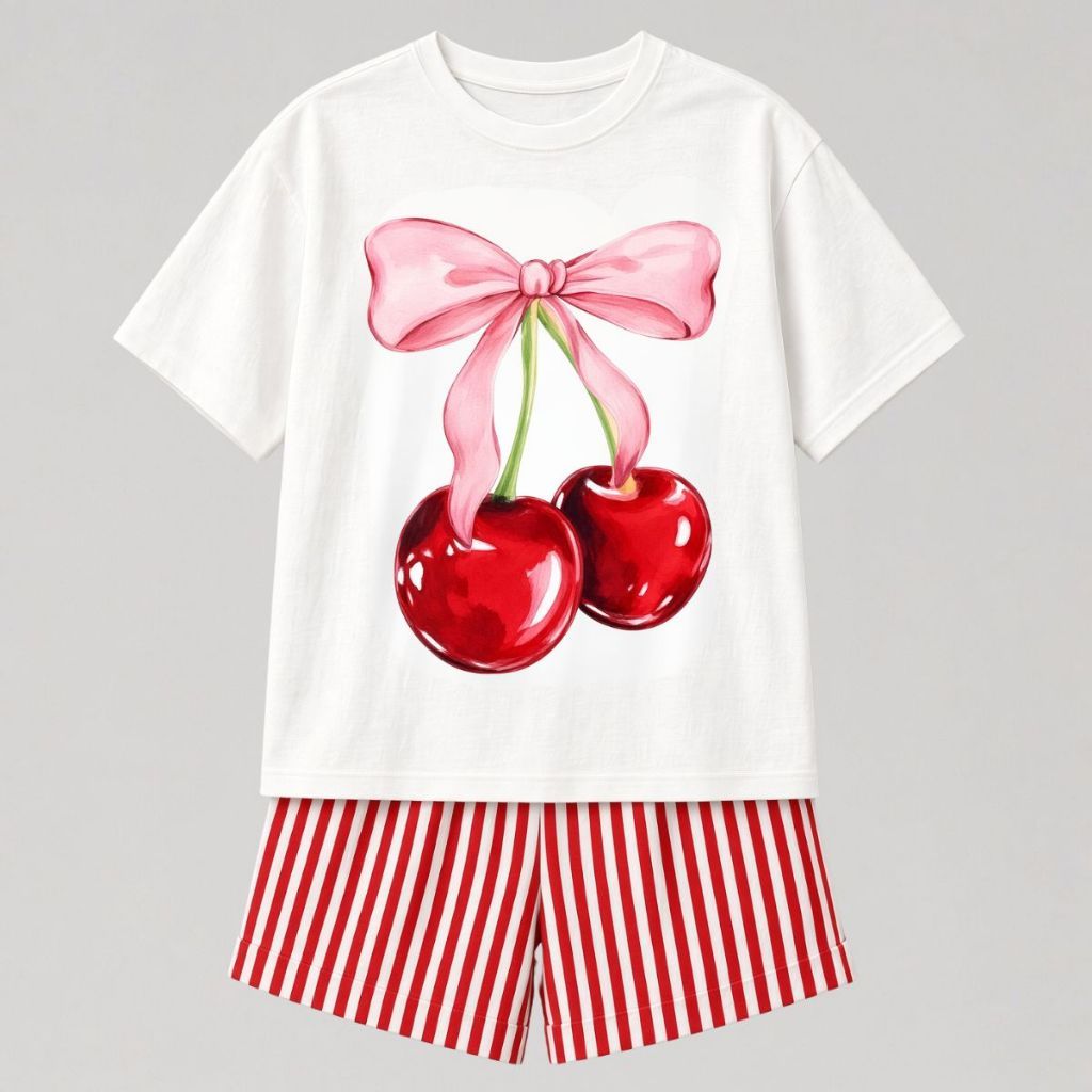Conjunto Infantil Feminino Básico Algodão Short Listrado + Camiseta Baby Look Slim Estampado Cereja Cherry Verão Meninas