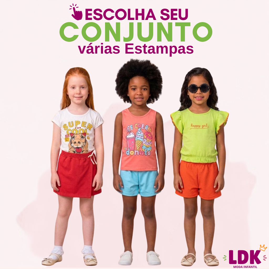 Conjunto Infantil Verão Menina Estampado Feminino 04 a 10 Anos Confortável Fresco