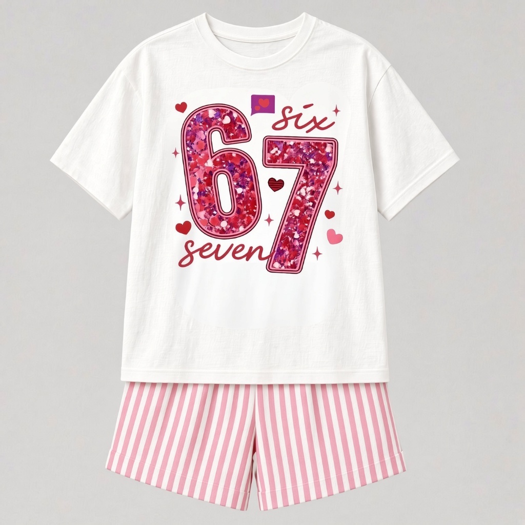 Conjunto Feminino Infantil Estampado Six Seven Camiseta + Short Slim Verão Varias Cores Enviamos Rápido