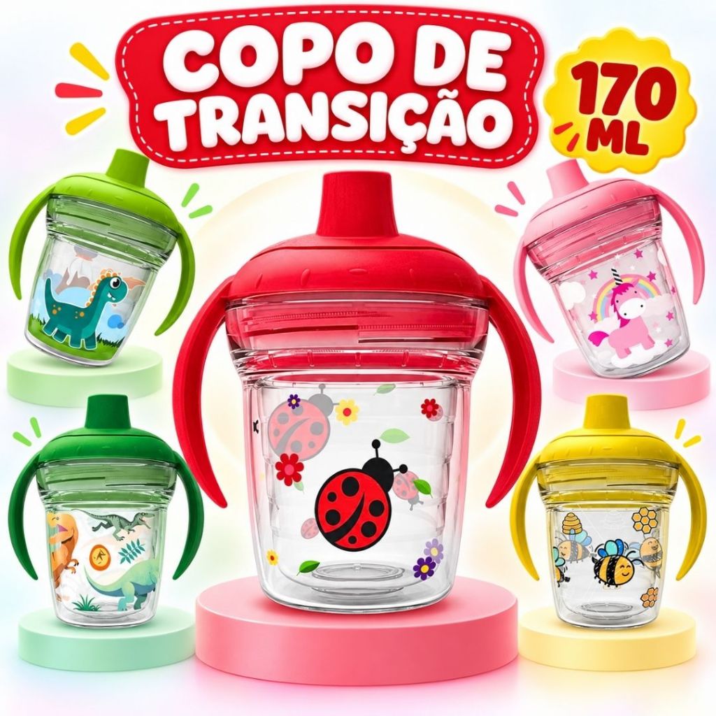 Copo Infantil ABCD 170ml Bico Dosador Parede Dupla Tampa Rosca Antivazamento Bebê Criança