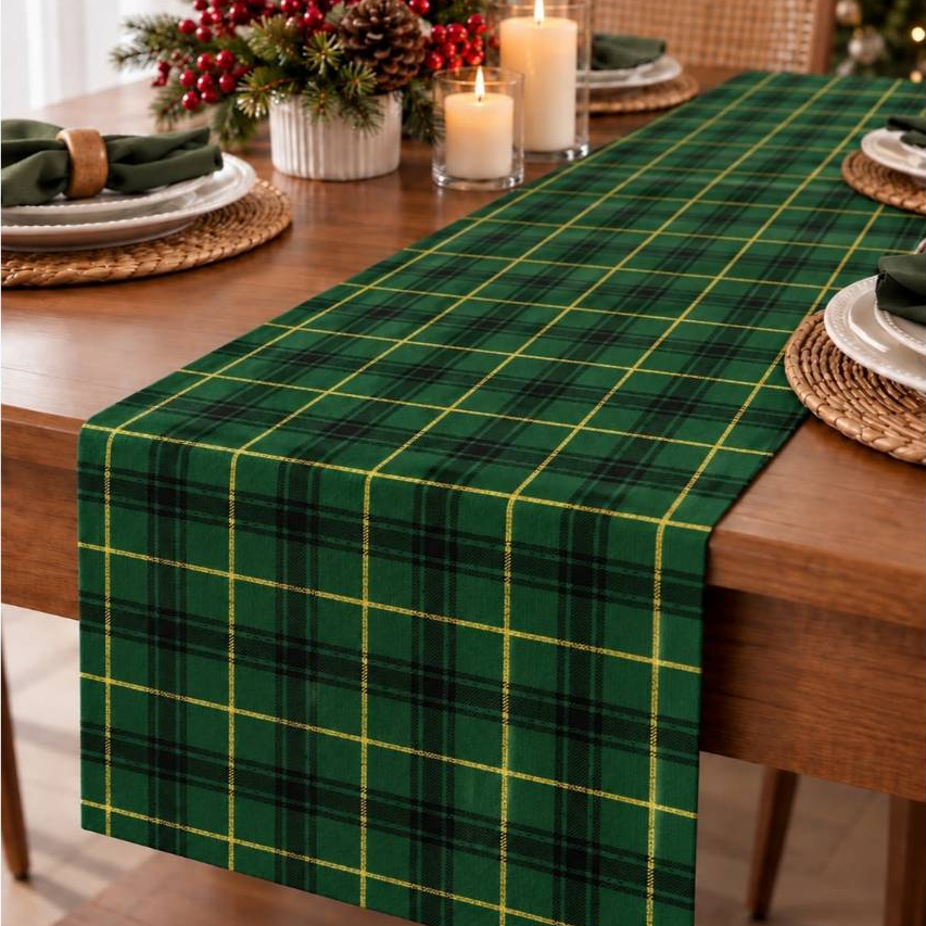 Kit 2 Caminhos Natal Xadrez Verde 140cm x 40cm Tricoline 100% Algodão Decoração Natalina Mesa Posta