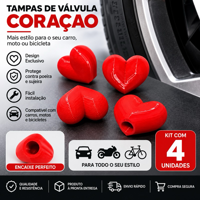 Tampinha de Válvula Coração para Pneu Carro Moto Bicicleta Kit