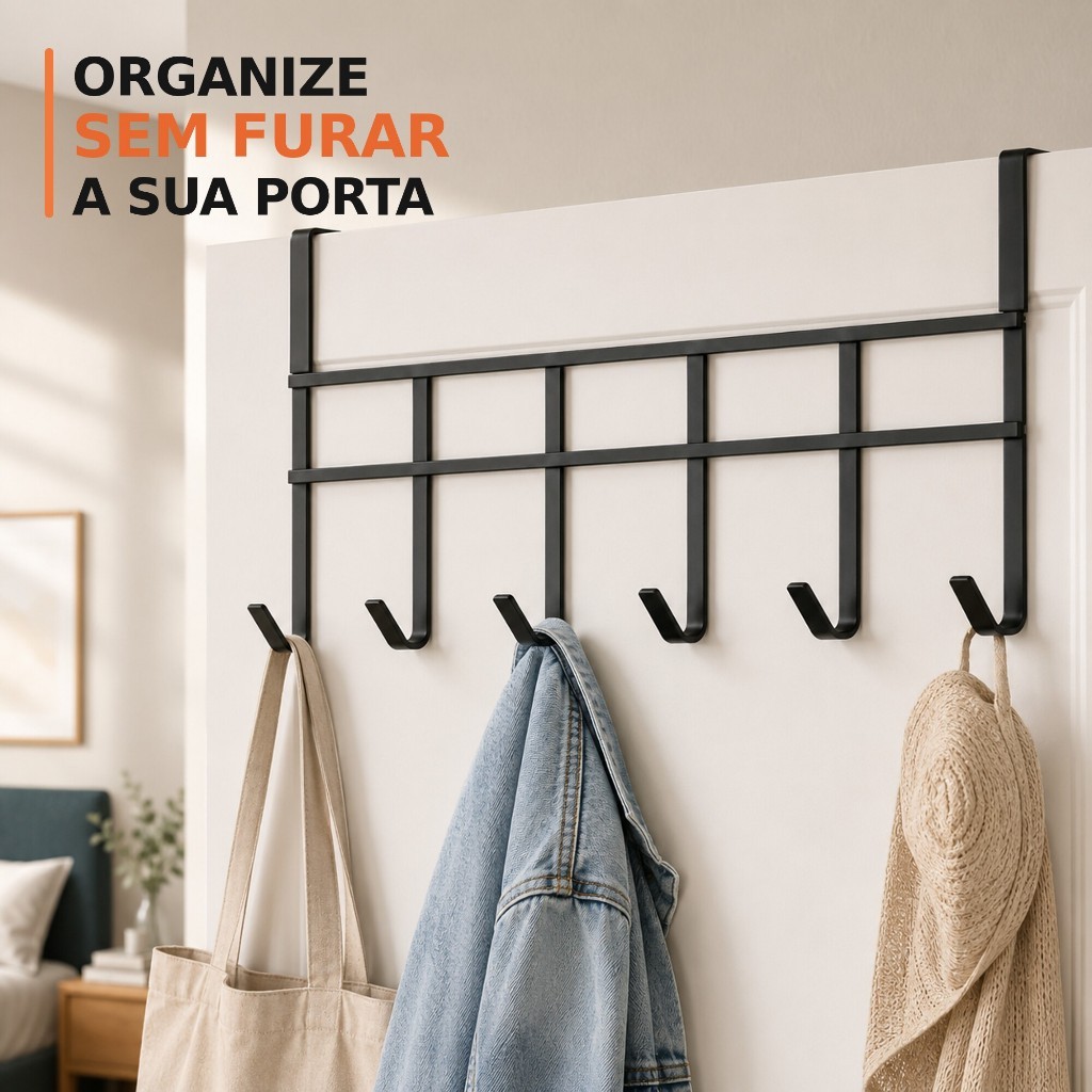 Suporte Cabide Para Porta 6 Ganchos Pendurar 45x17cm Organizador Multiuso Quarto Banheiro Cozinha