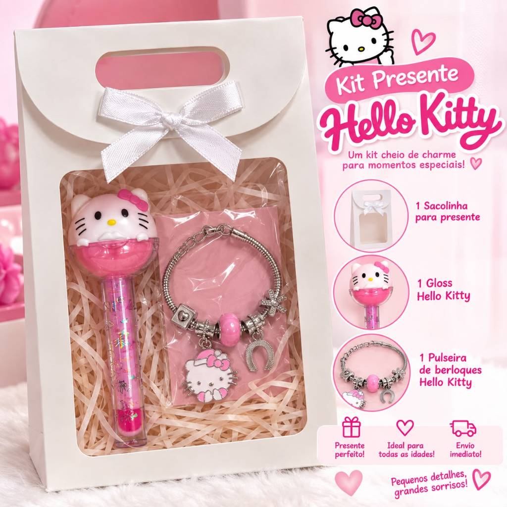 Kit Presente Hello Kitty Infantil Menina com Pulseira Berloques + Gloss + Sacolinha Dia das Crianças